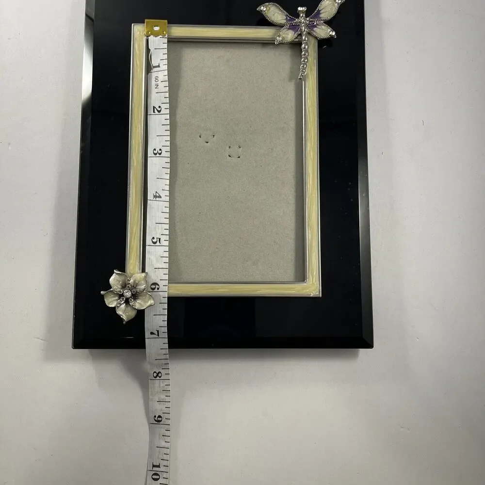 Dragonfly Flower 4x6 Photo Frame Black Enamel Ivory Accent Decorative Frame